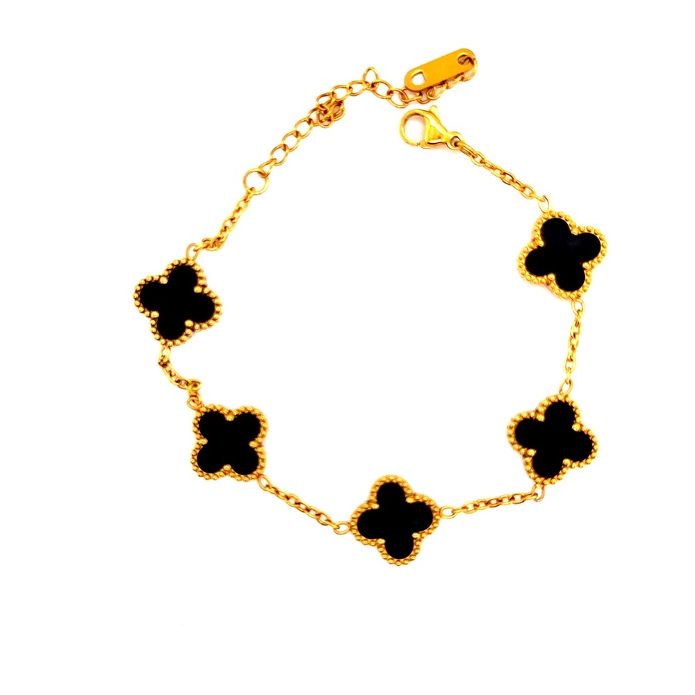 Gold Tone Black Enamel 5 Motif Clover Alhambra Style Bracelet 9‎ Inch Adjustable